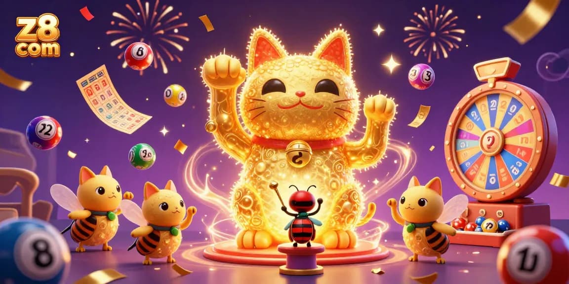 Experience winning with z8 com in a vibrant 3D casino scene featuring a lucky cat.