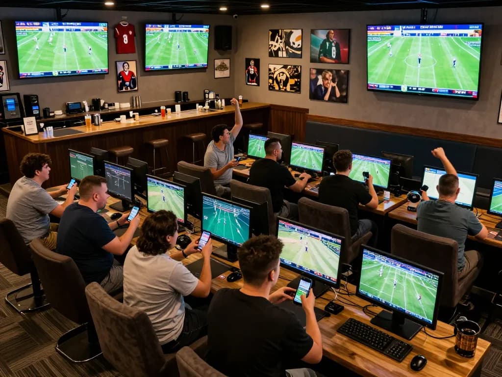Watch live football matches and bet on 7m sports at a bustling lounge filled with excited fans.