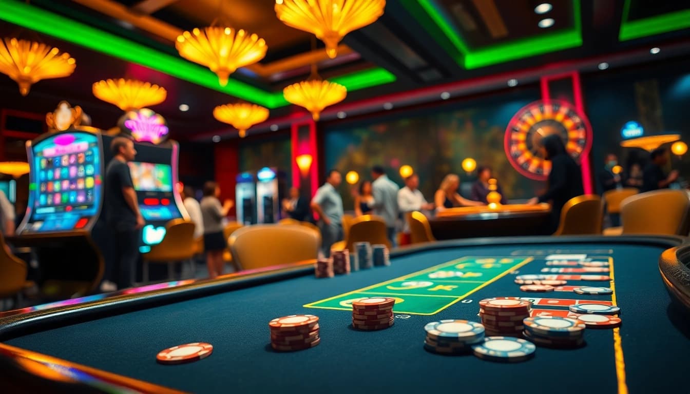 La scène vibrante d'un site de casino en ligne présente un jeu de poker captivant et une machine à sous colorée.