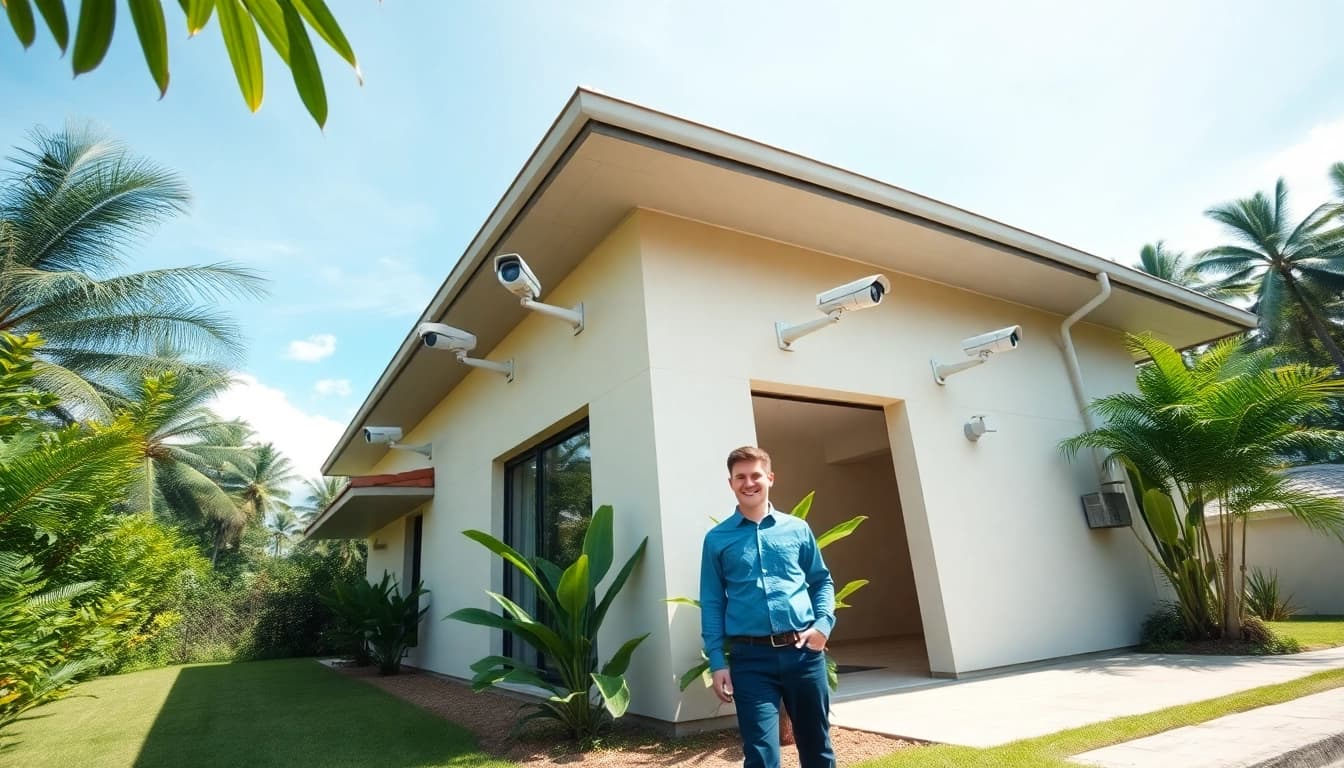 Cámaras de seguridad en Guanacaste instaladas en una casa moderna, mostrando tecnología de vigilancia avanzada en un entorno exuberante.