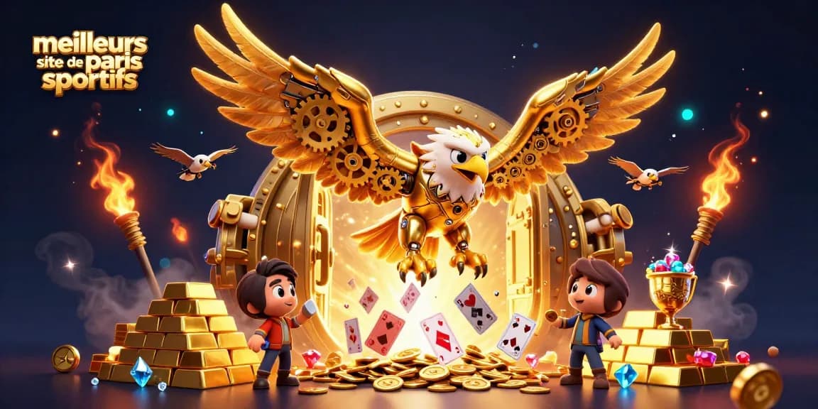 Les meilleurs sites de paris sportifs présentent une scène animée avec des éléments de casino en 3D.
