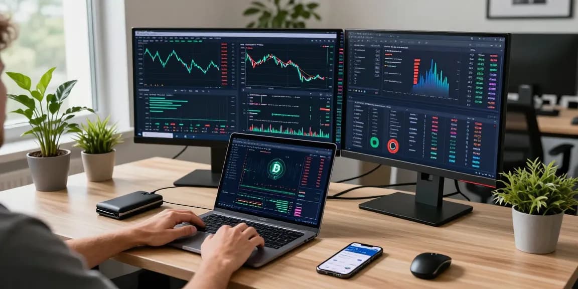 Exploring the best cloud mining options within a high-tech cryptocurrency trading desk setup, featuring multiple screens and innovative digital tools.