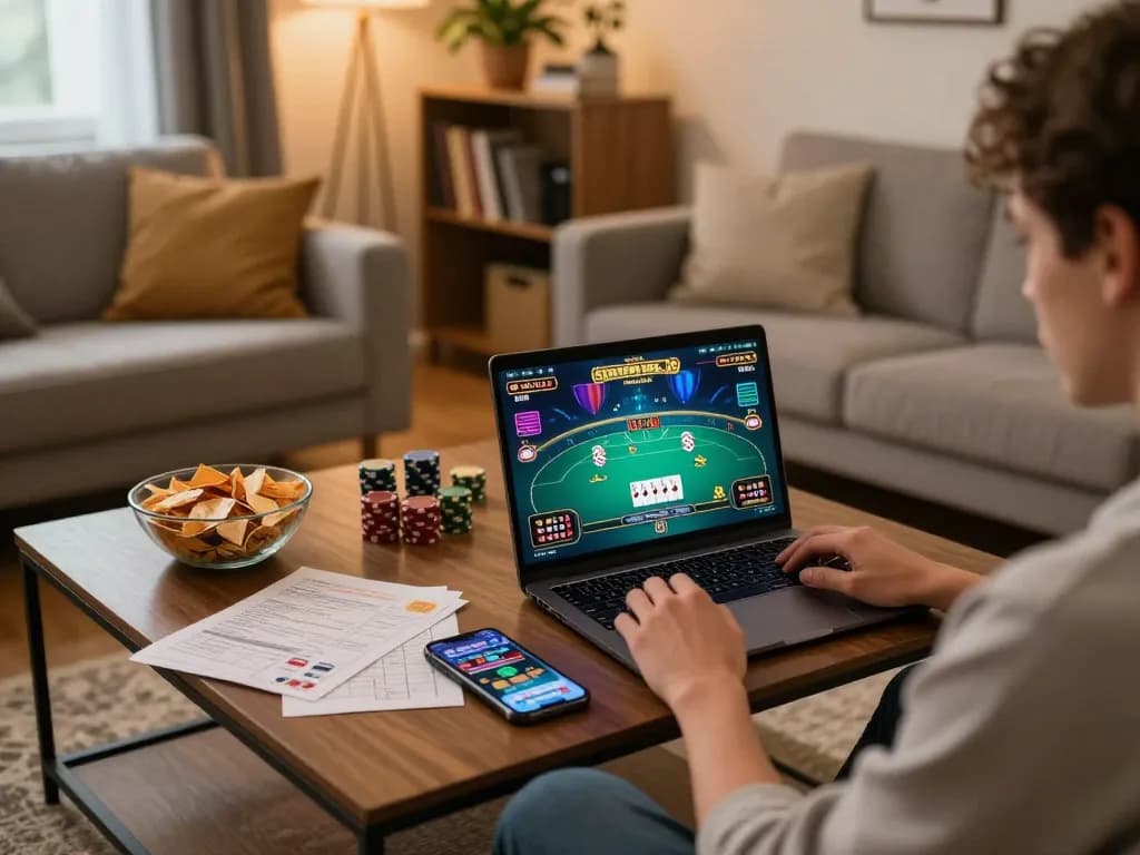 Migliori casino online europei live gameplay at home with person using laptop and mobile app.