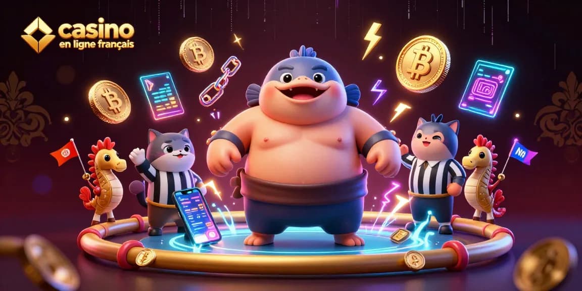 Illustration dynamique sur le thème du casino en ligne français, mettant en scène un fugu sumo entouré de pièces de cryptomonnaies.