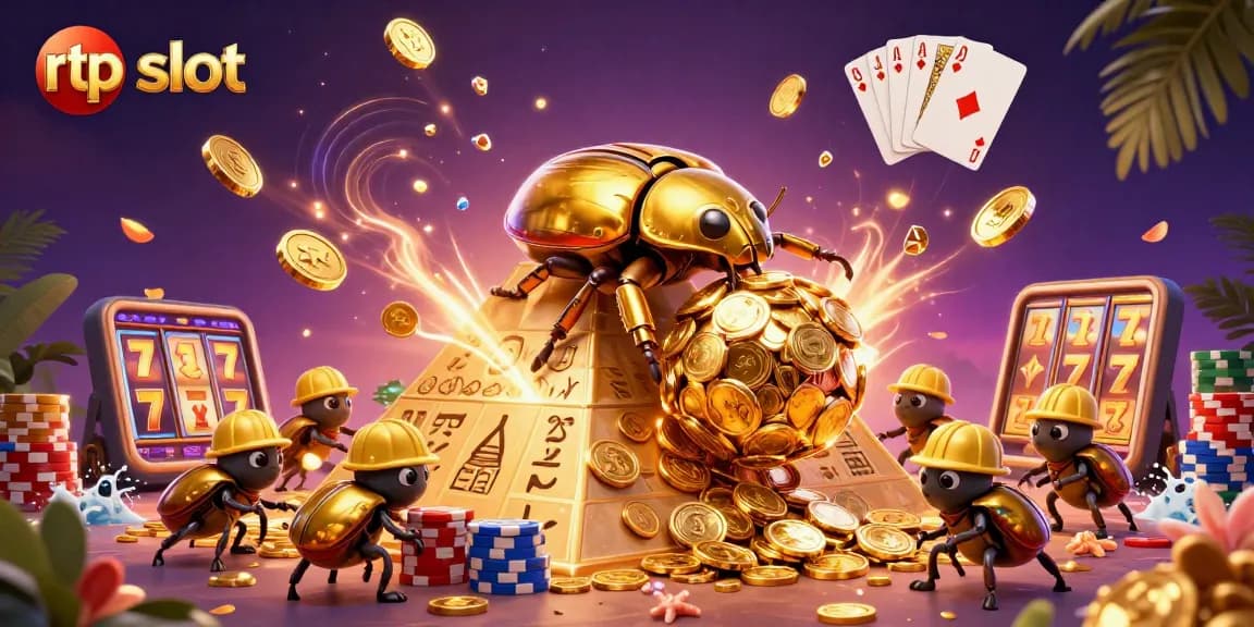 Experience rtp slot excitement with golden beetles rolling coins in this vibrant casino scene.