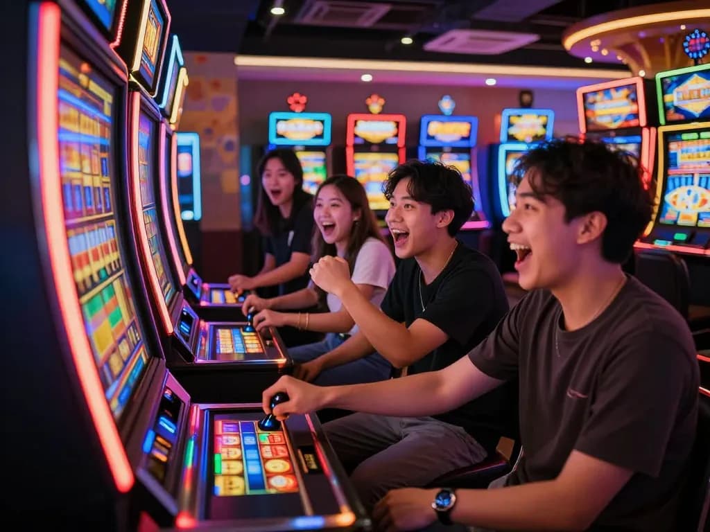 Keceriaan permainan situs slot gacor di kasino yang hidup dengan teman-teman bersorak di dekat mesin slot.