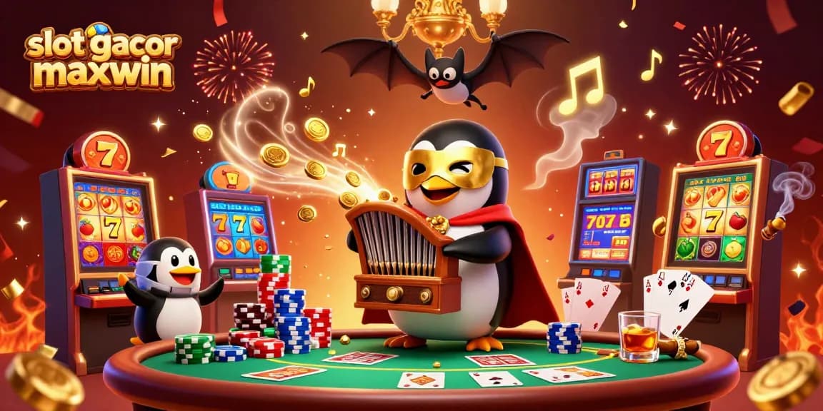 Engage with slot gacor maxwin as a penguin plays an organ shooting gold coins amidst gaming excitement.
