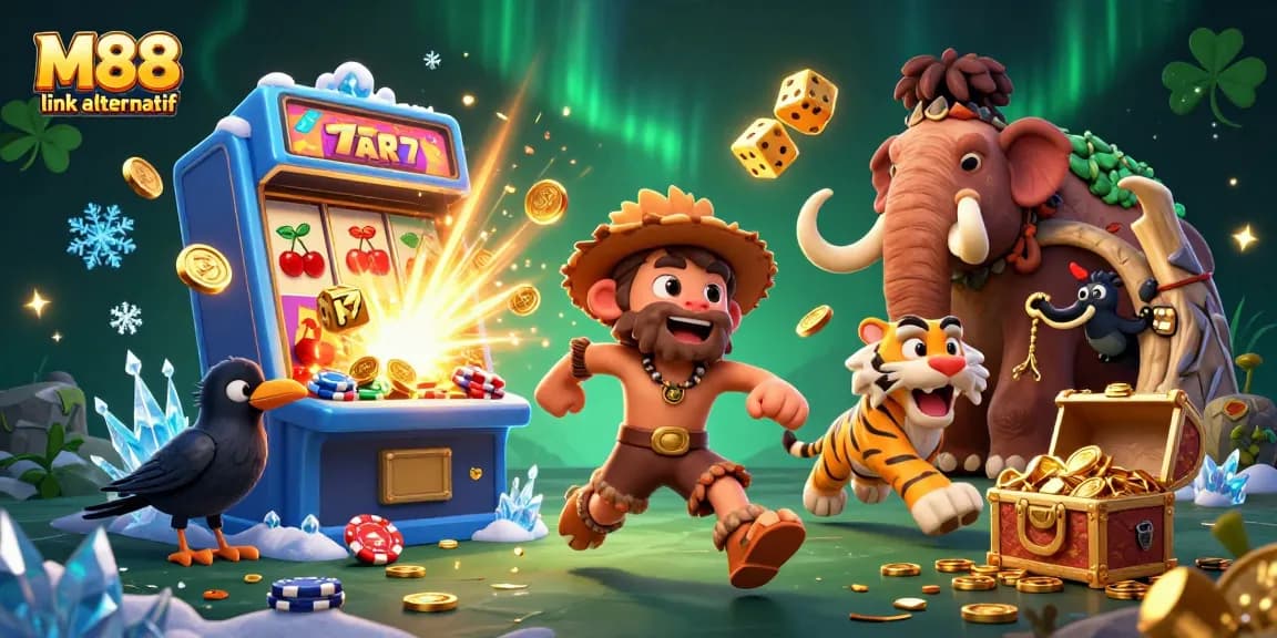 Experience M88 link alternatif with a dynamic scene featuring prehistoric casino characters and thrilling game elements.