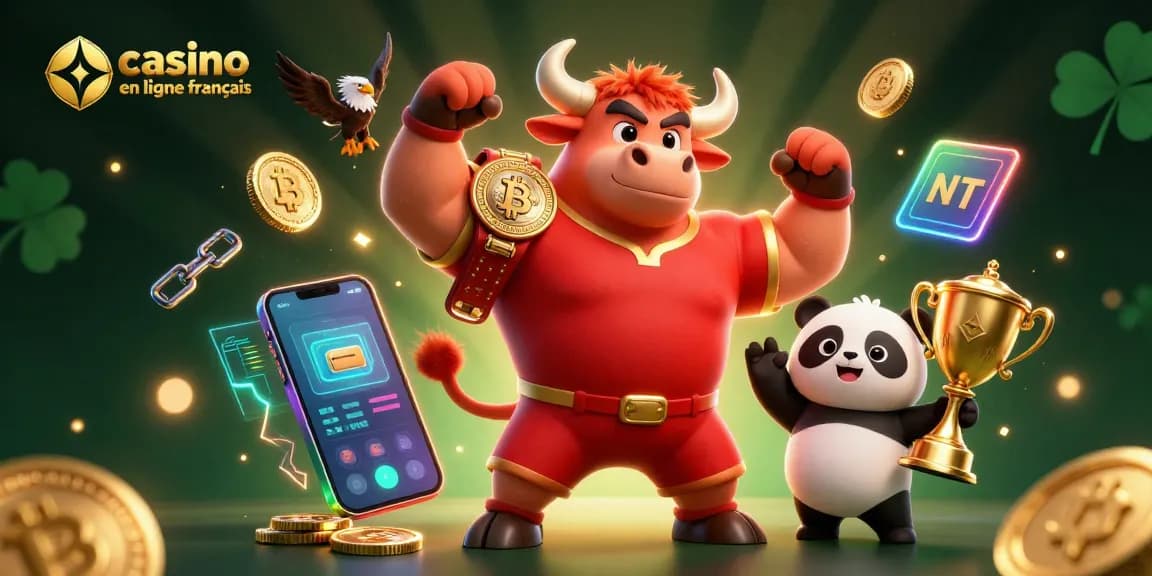 Visuel captivant de l'univers du casino en ligne français avec une mascotte de taureau et des éléments de crypto-monnaies.