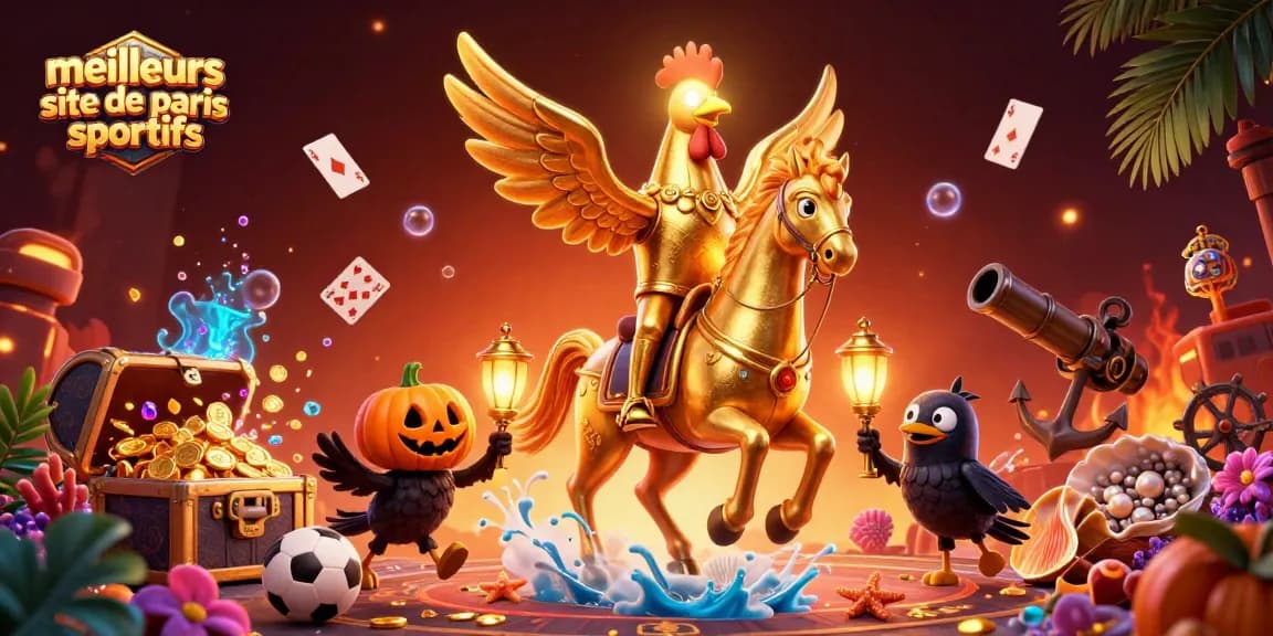Les meilleurs sites de paris sportifs illustrés par un coq doré et ses amis dans un casino magique.
