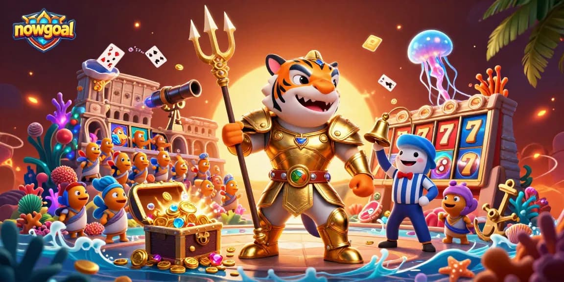 Bet on nowgoal, featuring a fierce tiger shark in gladiator armor in an underwater casino scene.