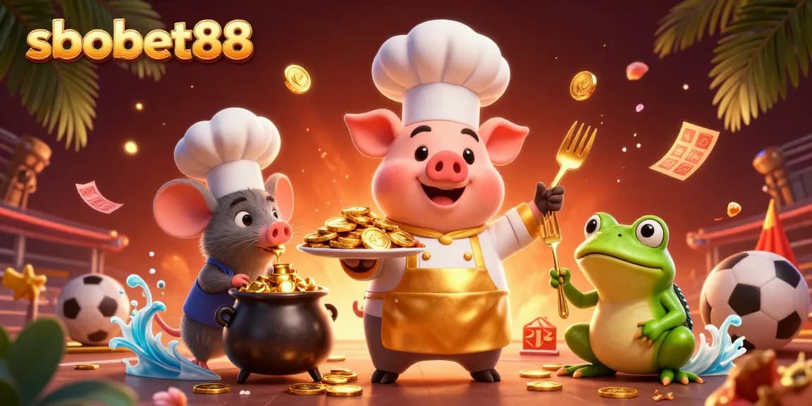 Engage in thrilling sports betting with sbobet88 as chef pig serves gold coins amidst dynamic betting action.
