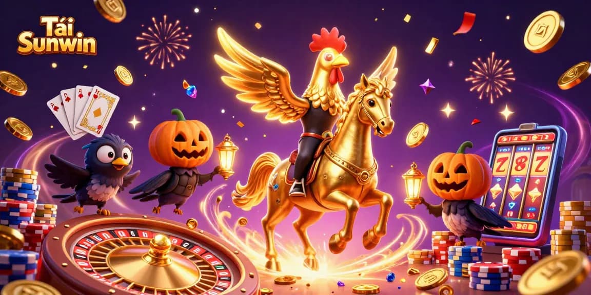 Tải Sunwin in a vibrant casino scene with a golden rooster and magical crows delivering excitement and rewards