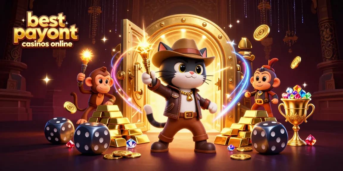 Unveil the best payout casinos online with a thrilling explorer scene discovering treasures in a vibrant casino