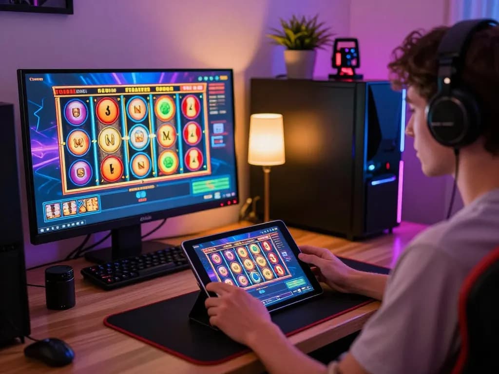 FAFA 828 player enjoying vibrant slot games on tablet, showcasing online casino excitement
