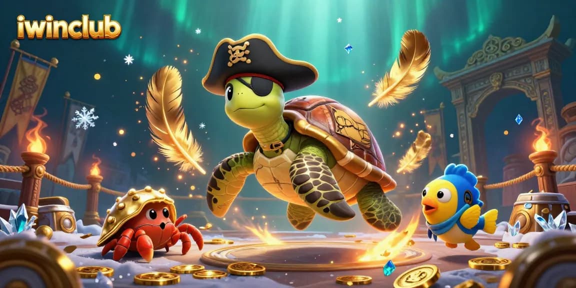 Engage in thrilling adventures with iwinclub featuring a pirate turtle and friends floating above treasure.
