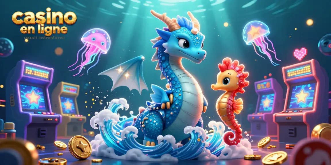 Réclamez vos gains avec le casino en ligne retrait instantané dans une illustration captivante de créatures marines et de jeux d'arcade.