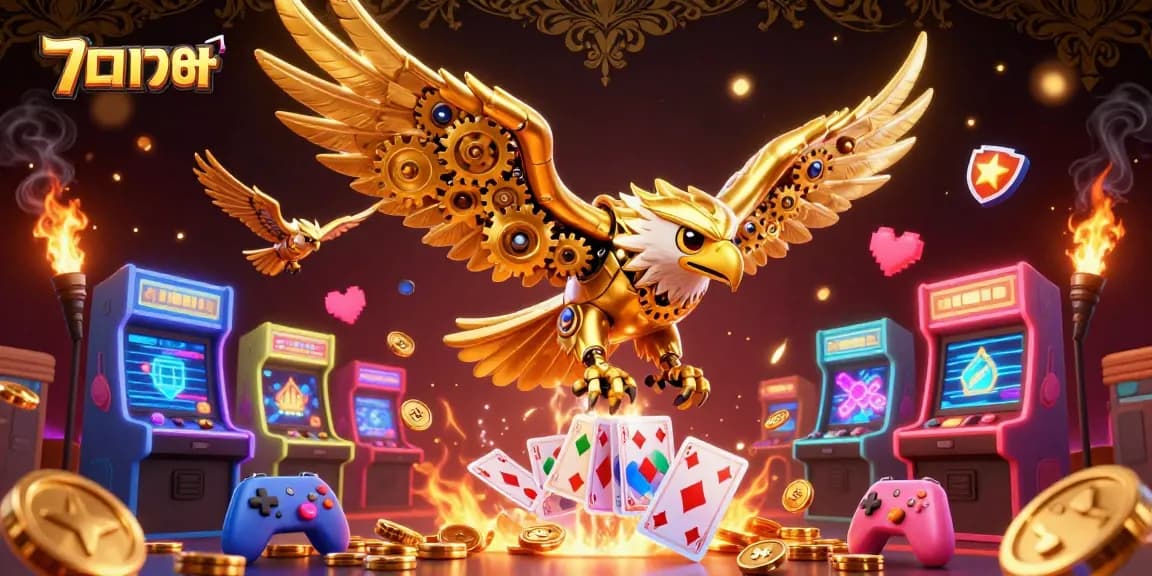 Engage in แทงบอล action with an ultra-detailed 3D casino scene featuring a cybernetic eagle amidst dynamic game elements.