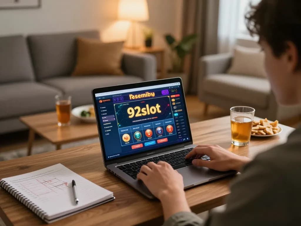 Person enjoying online gaming at home on 92slot while examining betting strategies