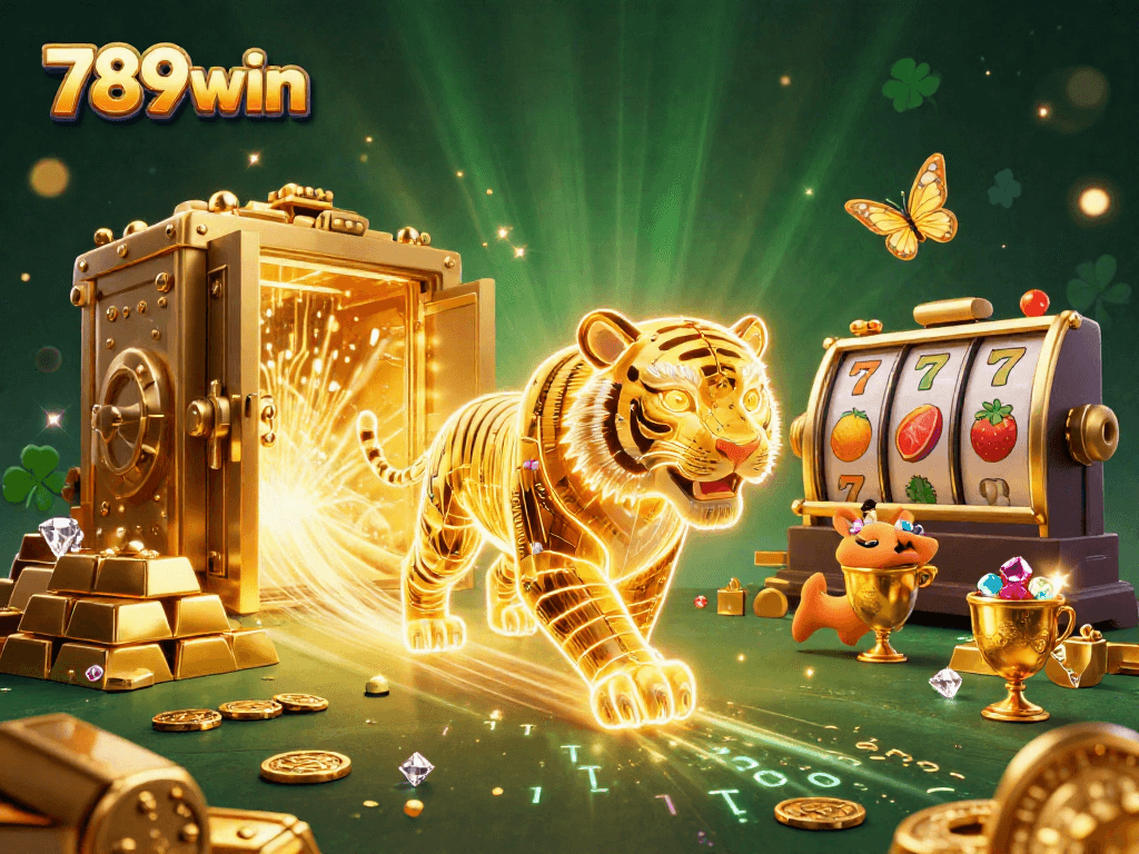 Engage with 789win's vibrant casino scene featuring a neon tiger, treasure, and slot symbols.