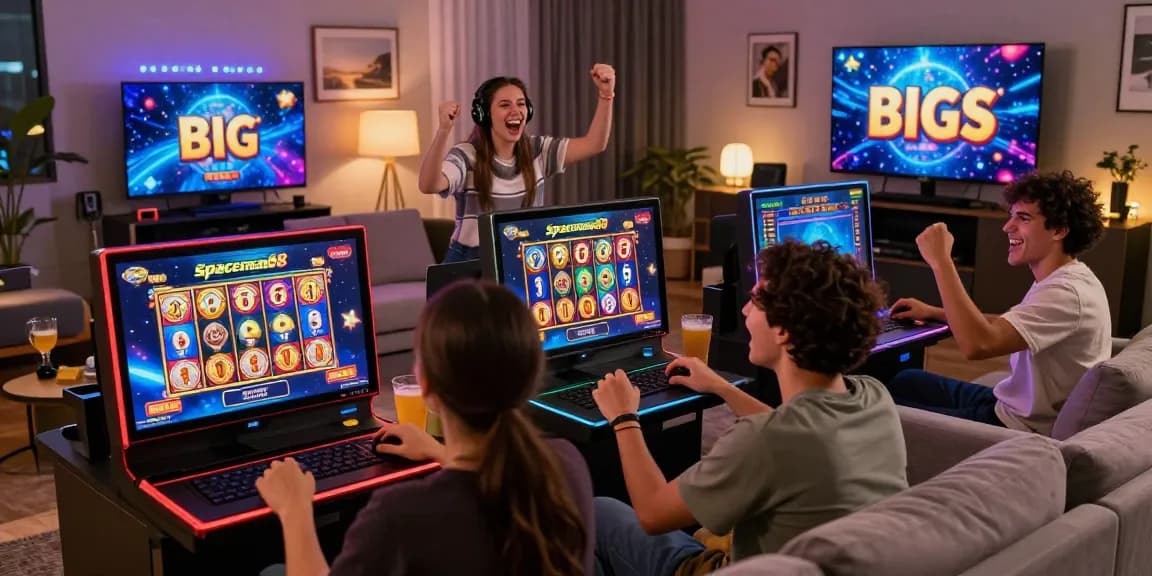 Diverse players enjoying Spaceman88 slot game in a vibrant living room, celebrating big wins with modern devices.