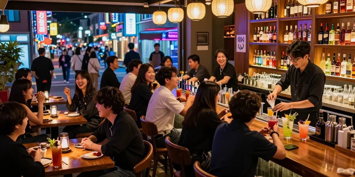 Sangbong-dong 한국관나이트 vibrant nightlife atmosphere with friends enjoying drinks and cocktails.