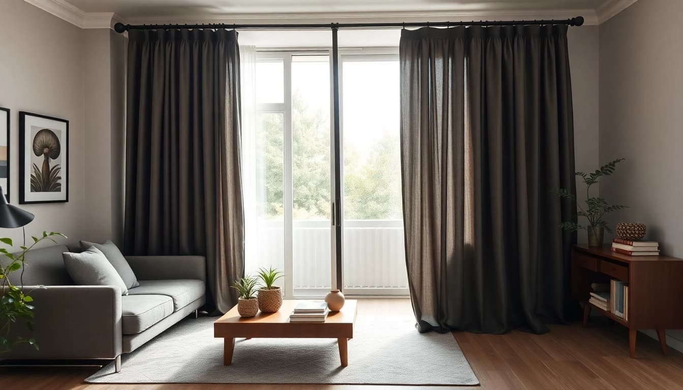 Verduisterende gordijnen in moderne woonkamer met stijlvolle uitstraling en natuurlijke verlichting.