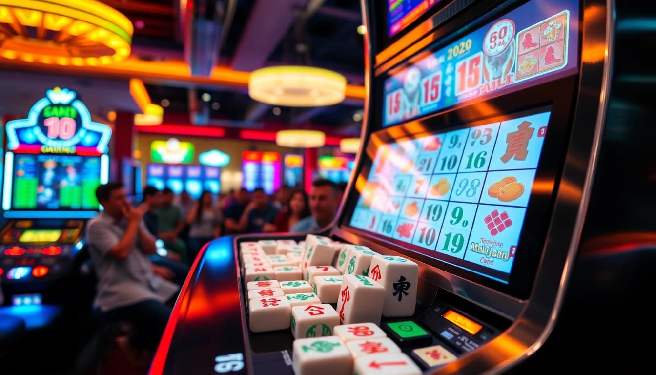 Mainkan slot demo mahjong ways dengan mesin slot berwarna-warni dan suasana kasino yang meriah.