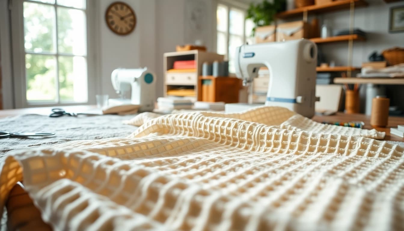 Wafel katoenen stof met unieke texturen op een naaitafel.