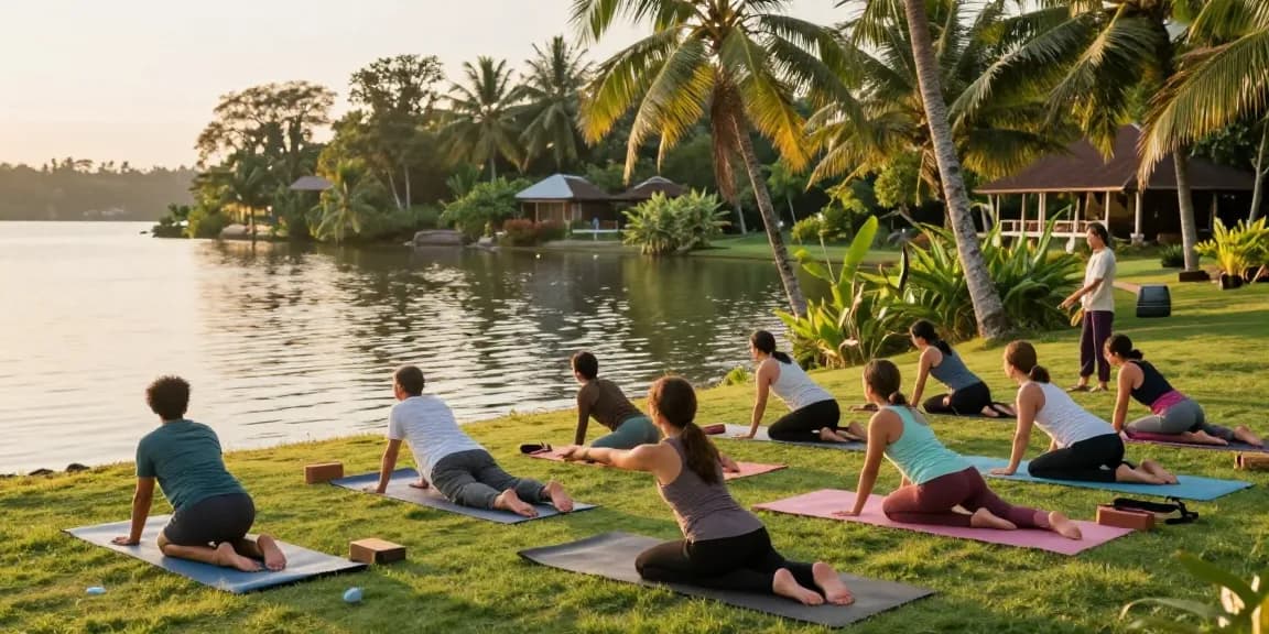 Hatha yoga teacher training Sri Lanka with diverse students practicing yoga by Koggala Lake in a serene retreat.