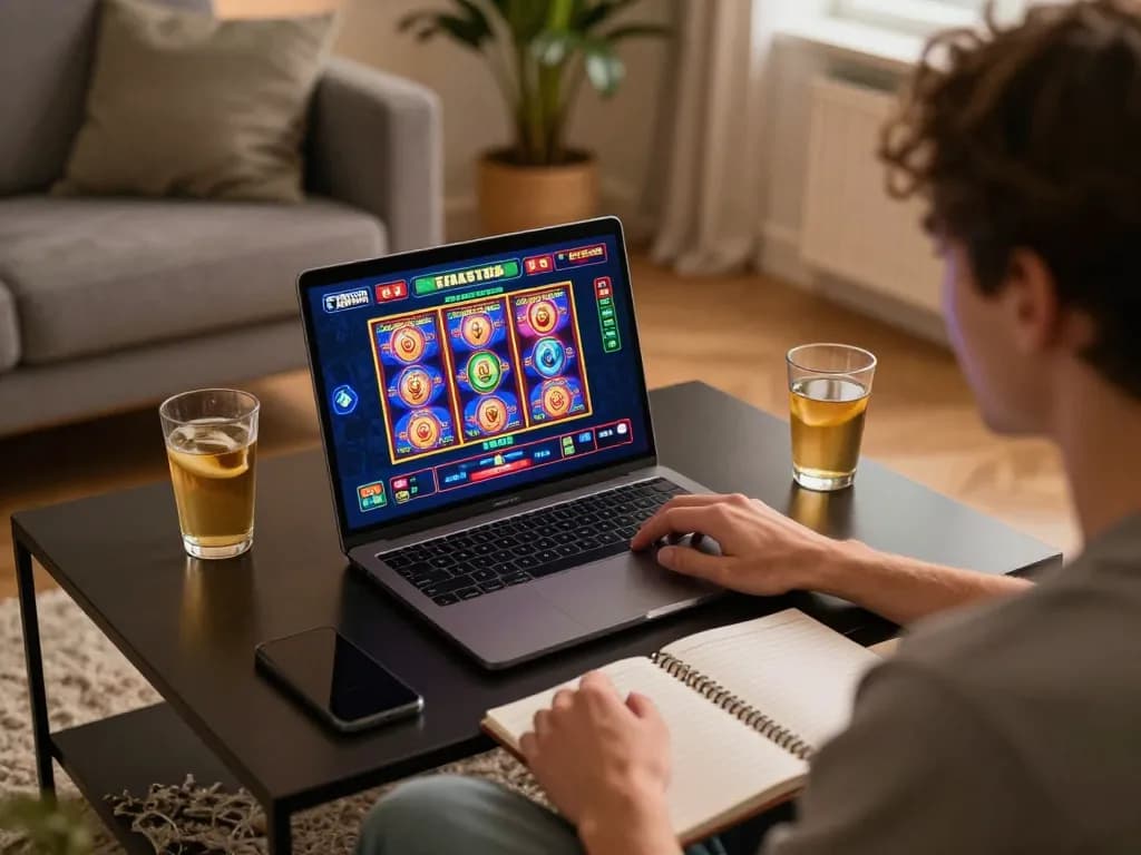 Engaging with slots not on gamstop in a cozy home gaming setup, vibrant screen showing popular online games.