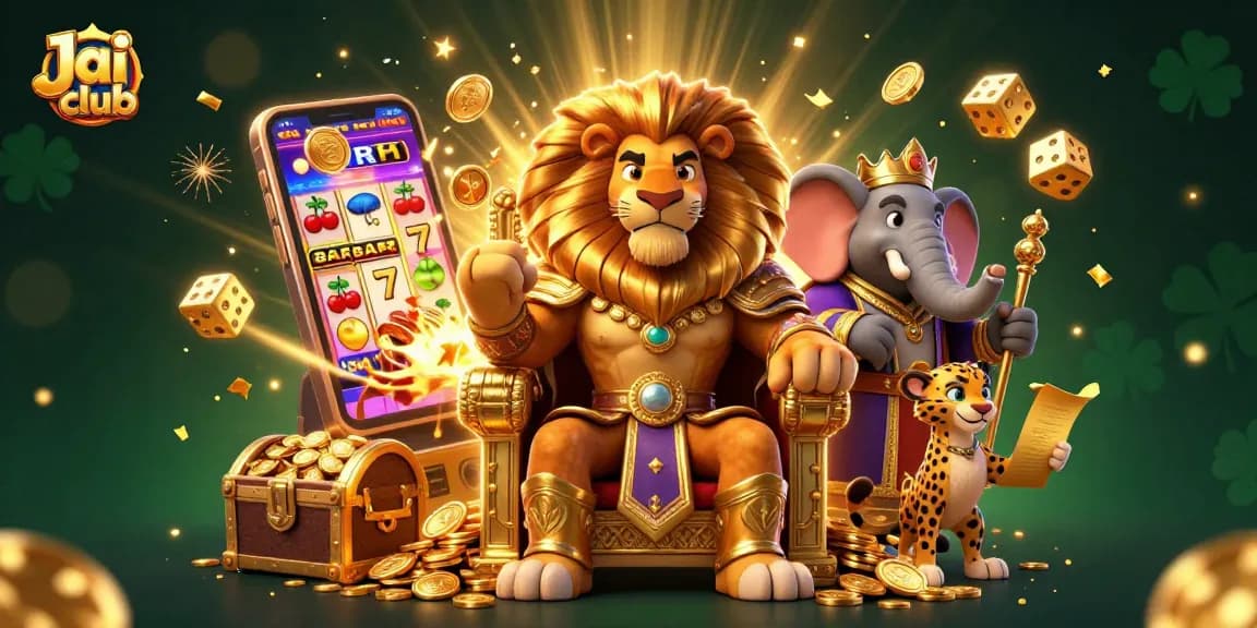 Engage with Jai club's vibrant gaming scene featuring a lion king on a throne amid joyful jackpots.