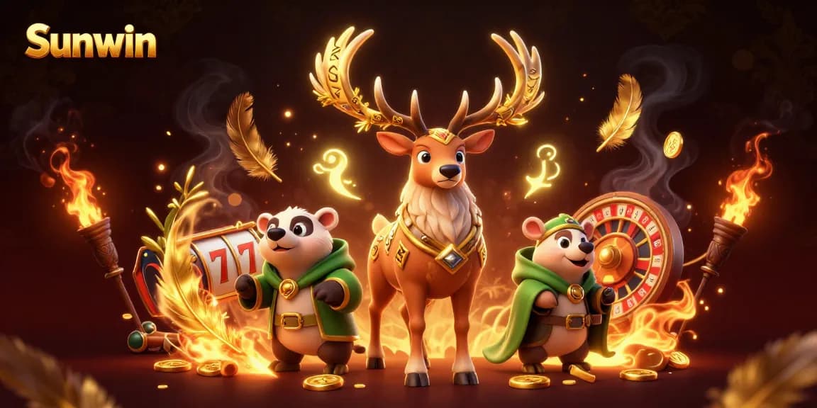 Experience thrill with Sunwin's vibrant casino games and enchanting characters in this detailed illustration.