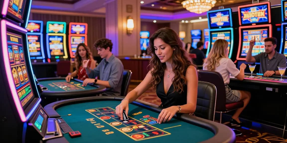 Dynamic casino scene showcasing players enjoying various games and using credit cards at kiosks, highlighting https://lctltd.co.uk.