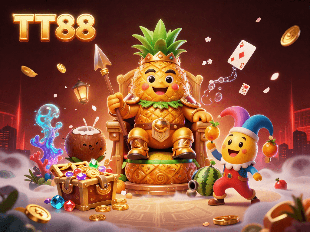Engage with exhilarating gaming experiences at TT88, featuring a golden pineapple king and vibrant casino action.