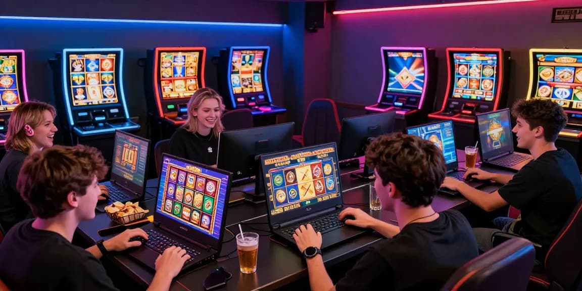 Players enjoying slot depo 1k games in a lively gaming room, surrounded by colorful screens.