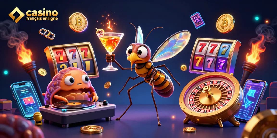 Jouez au casino français en ligne avec une scène dynamique : un moustique, un DJ trilobite et une roulette dorée.