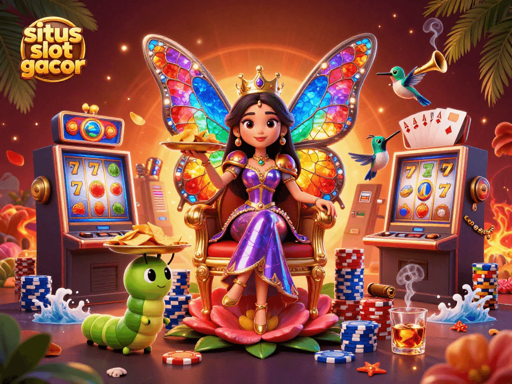 Experience the magic of situs slot gacor with a dazzling butterfly queen amidst captivating slot machines.