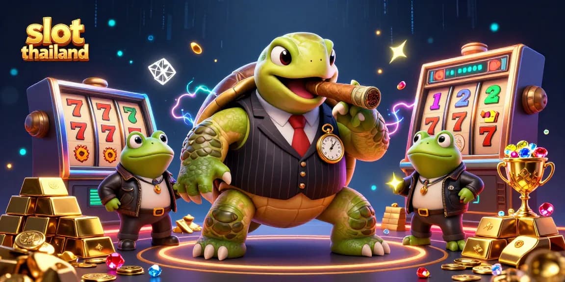 Engaging scene depicting a snapping turtle and bullfrogs at a slot thailand casino with vibrant treasures.