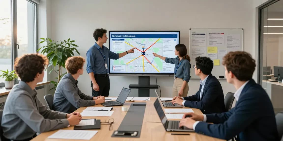 Batterie Transport Dortmund: Teams arbeiten in einem modernen Büro zusammen, um Transportrichtlinien zu besprechen.