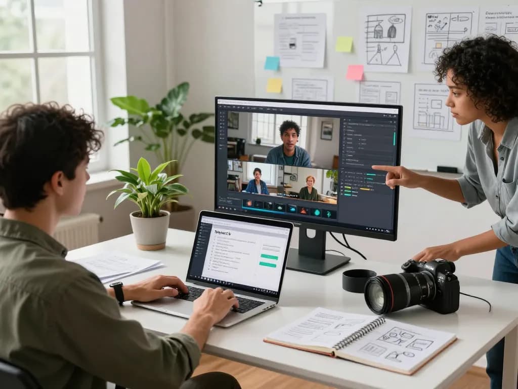 Seedance 2.0 workspace with a team collaborating on AI video production, laptops open, and creative tools around.