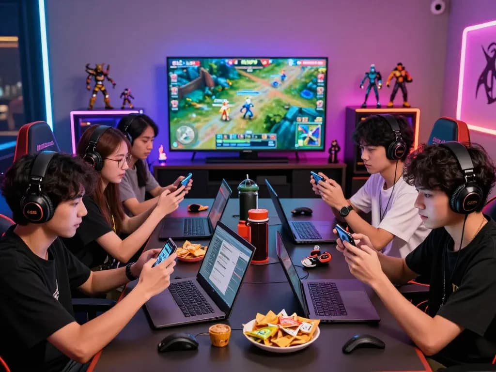 Tải Go88 with friends enjoying a vibrant gaming session in a cozy lounge filled with gaming memorabilia.