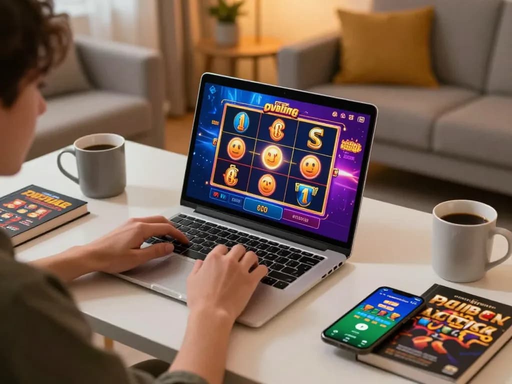 Engaging gameplay on a slot server thailand gacor platform showcasing vibrant graphics, cozy home setting.