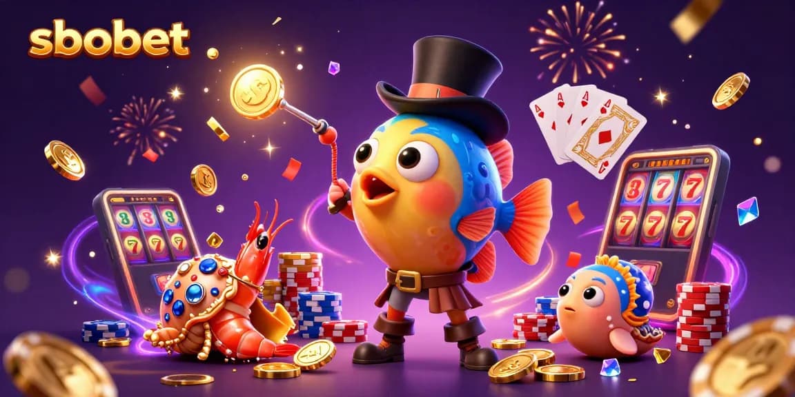 Experience sbobet's thrilling casinos with a playful deep-sea anglerfish surrounded by glowing treasures.
