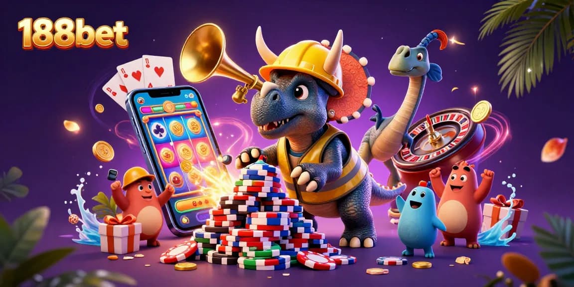 188bet celebrates with a triceratops and parasaurolophus in an exciting casino scene.