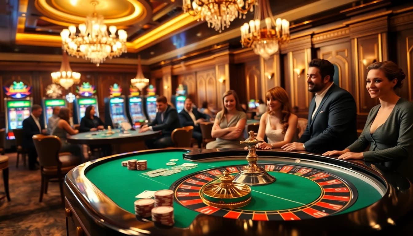 Des joueurs profitent d'une nuit d'excitation sur un site de casino en ligne, entourés d'éléments de jeu luxueux.