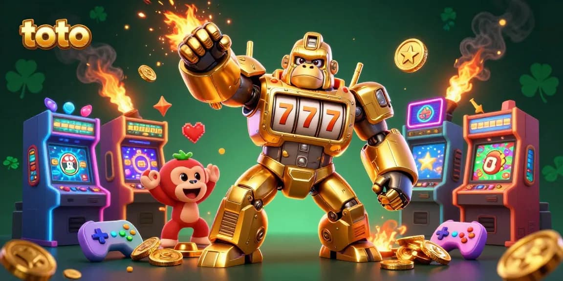 Engage with toto slot action amidst colorful arcade machines and golden casino elements.