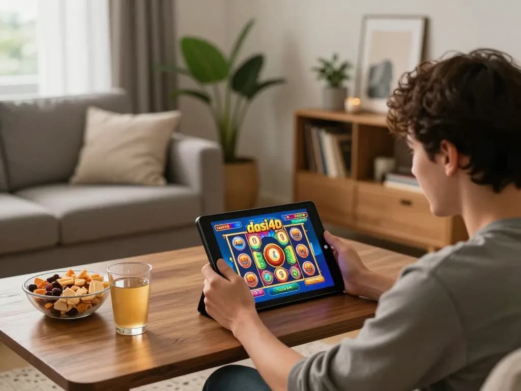 Terlibat dalam permainan slot dasi4d di tablet dalam suasana rumah yang nyaman, menunjukkan hiburan yang santai.