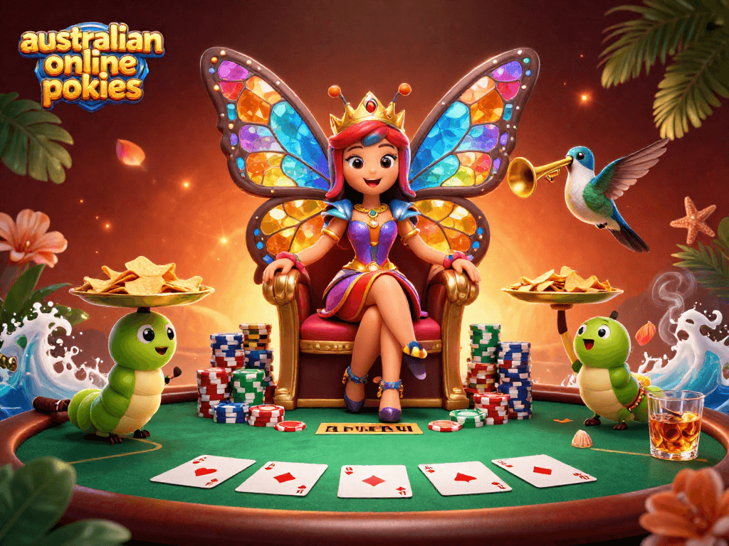 Play colourful australian online pokies amidst dazzling casino elements in a vibrant 3D illustration.
