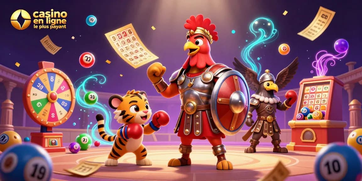 Visuel dynamique du casino en ligne le plus payant, présentant un coq gladiateur et des éléments de jeu.